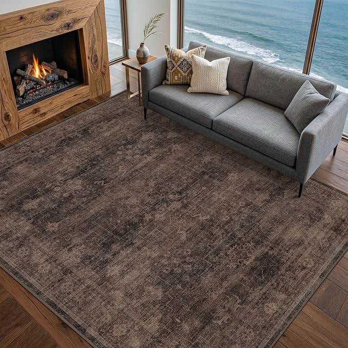 Boho 5x7 Dark Taupe Brown Rugs for Living Room, Vintage Neutral Washable Distressed Geometric Area Rug for Dining Room Bedroom, Stain Resistant Low Pile Anti-Slip Backing Ultra Soft