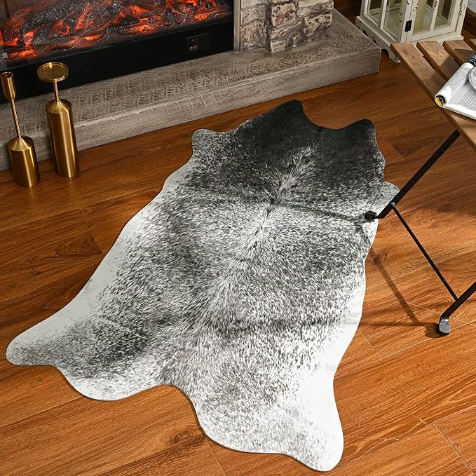 Washable Faux Cowhide Rug 2x3 Grey, Small Modern Farmhouse Animal Skin Area Rug, Non Slip Cow Print Carpet for Bedroom Entryway Bedside, Cute Cottagecore Apartment Room Decor