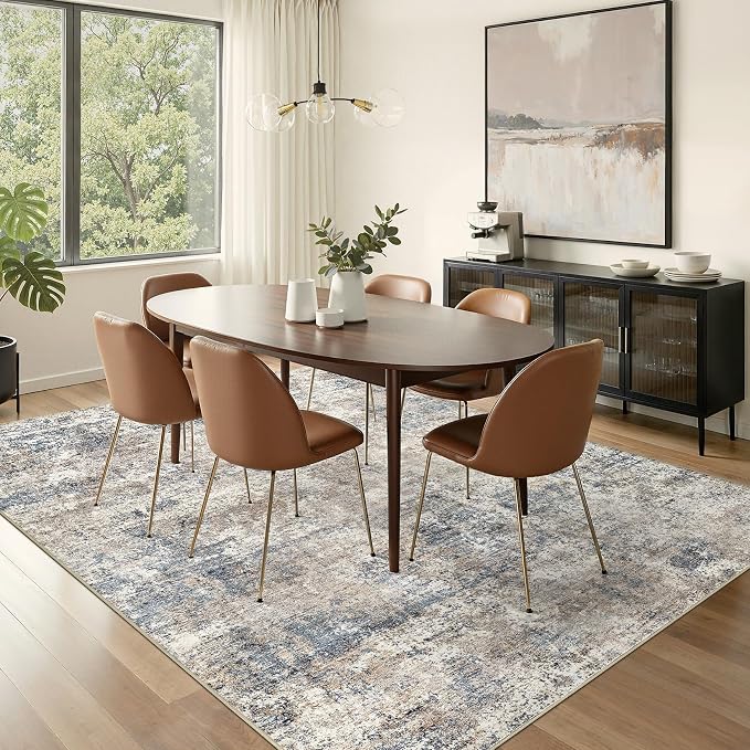 Nakagishi 5X7 Abstract Washable Area Rugs for Living Room-Blue Brown | Modern Non-Slip Silicone Backing Low Pile Soft Carpet for Bedroom Dining Decor Ideal for Families with Kids and Pets