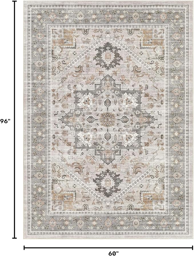 Washable Area Rug-5X8 Vintage Neutral Soft Taupe | Non Slip Thin Foldable Large Floor Carpet for Living Room Bedroom Kitchen Dining Room Home Office Farmhouse Indoor