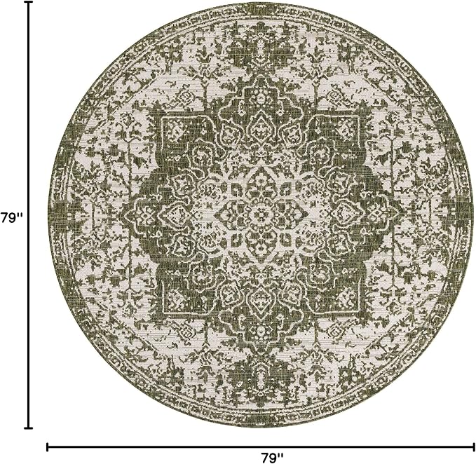 Unique Loom Outdoor Collection Area Rug - Dubai (6' 7' Round, Green/ Ivory)