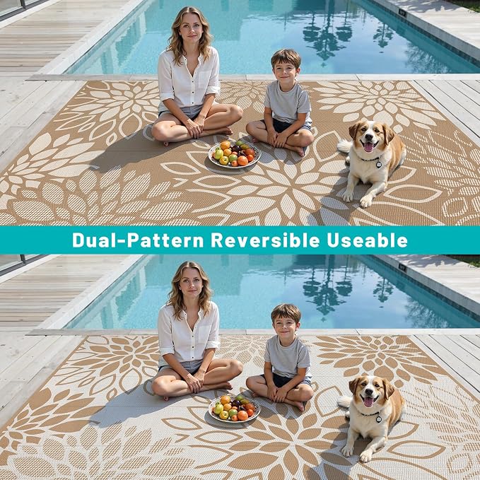 HEBE Waterproof Outdoor Rug 9x12 for Patios, Floral Reversible Plastic Straw Rug Patio Mat, Indoor Outdoor Carpet RV Mat Camping Rug for Deck, Camper, Porch, Balcony, Backyard, Picnic