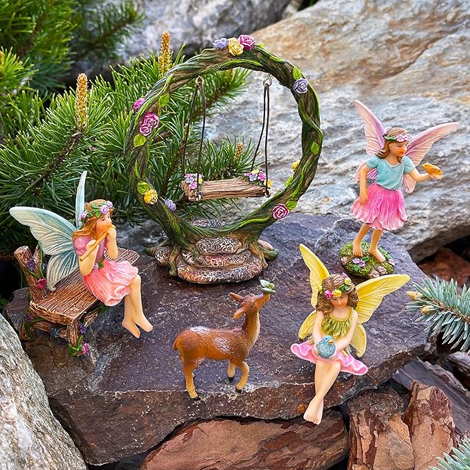Mood Lab Fairy Garden Figurines with Swing - Miniature Decor Set (6 pcs) - Statues & Accessories - Outdoor & Indoor Garden Decor