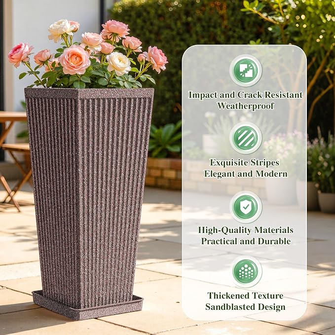 Taper Tall Planters for Outdoor Plants Set of 2, 24 Inch Faux Stone Large Outdoor Planters for Porch with Drainage Tray Saucers & Holes, Fluted Tall Indoor Flower Pots for Patio Balcony, Brown