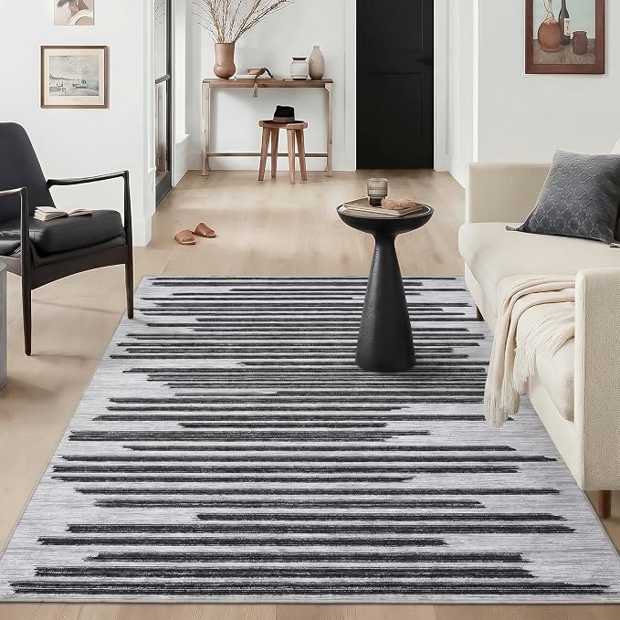 GarveeHome Washable Area Rug 4x6 Modern Non Slip Rug for Living Room Dorm | Stain Resistant Low Pile Carpet Perfect for Bedroom Kitchen Hallway Home Office, Black Grey