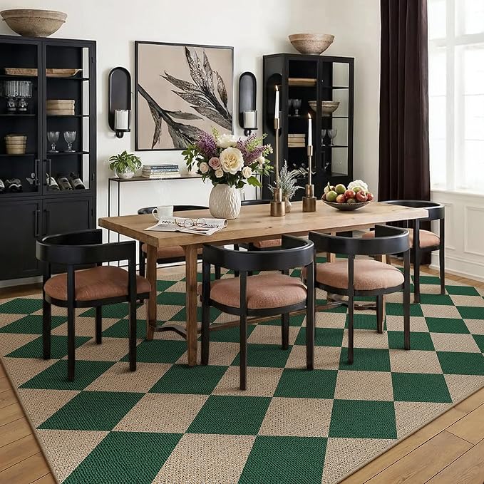 PureCozy 6x9 Checkered Easy Jute Area Rug for Living Room Large Checkerboard Washable Indoor Outdoor Carpet Farmhouse Patio Office Mat Geometric Non Slip Green Carpet for Backyard Dining Room