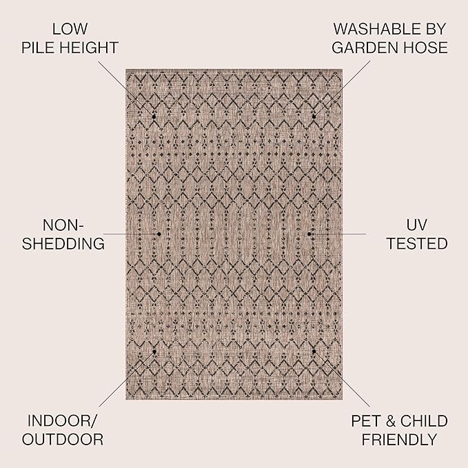 JONATHAN Y Moroccan Geometric Indoor Outdoor Square Area Rug 8X8 Natural/Black, Ourika Textured Weave for Backyard, Patio, Porch, Easy-Cleaning, High Traffic Pet-Friendly, Non-Shedding SMB108D-8SQ