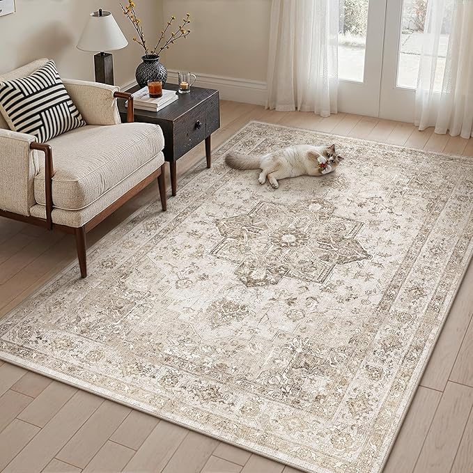 Taupe 3x4 Washable Area Rug Entryway Vintage Oriental Carpet | Soft Low Pile, Non Slip, Stain Resistant, Floral Medallion, Retro Indoor Decor for Bedroom, Dining Room, Kids Room, Office