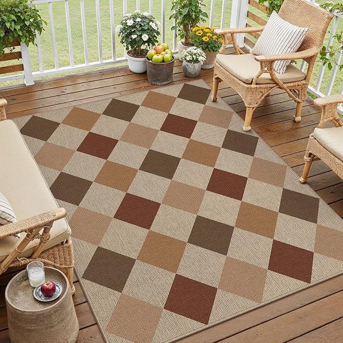 PureCozy 4x6 Checkered Easy Jute Area Rug for Living Room Checkerboard Washable Indoor Outdoor Carpet Farmhouse Patio Office Mat Geometric Non Slip Brown-Beige Carpet for Dorm Backyard Dining Room