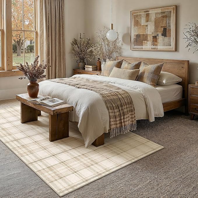 6x9 Beige Plaid Living Room Area Rug | Washable, Low Pile, Modern, Neutral, Soft, Non Slip, Rug for Bedroom Dining Room Nursery Office Indoor Home Decor