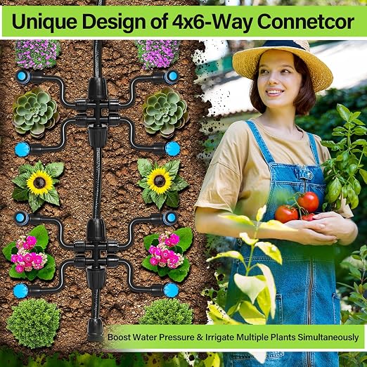 Bonviee 50FT 5/16” Drip Irrigation Mainline Tubing with 4-Way Push-to-Connect Couplers (4 Pack) – Compact DIY Garden Irrigation Distribution System for Misting, Raised Beds & Small Spaces