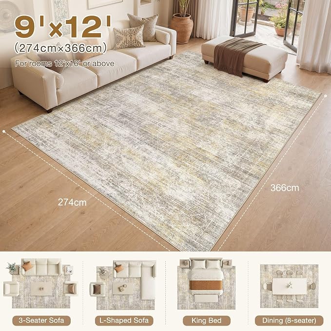 cotiled Boho 9x12 Area Rug for Living Room: Large Moroccan Washable Rug | Solve Modern Neutral Trendy Home Decor - Stain Resistan Carpet for Bedroom Farmhouse Dining Room Gold Brown