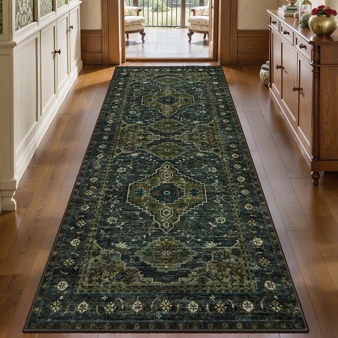 Tangsoo Oriental 3x6 Washable Runner Rug for Entryway, Non Slip Runner Rug | Vintage Print Carpet Runner, Boho Soft Low Pile Accent Runner Rug for Entryway Living Room Dining Bedroom Bedroom Olive Green