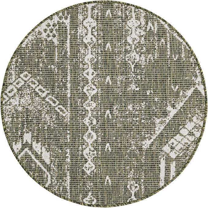 Unique Loom Outdoor Bohemian Collection Area Rug - Anthro (3' 3" Round, Green/ Ivory)