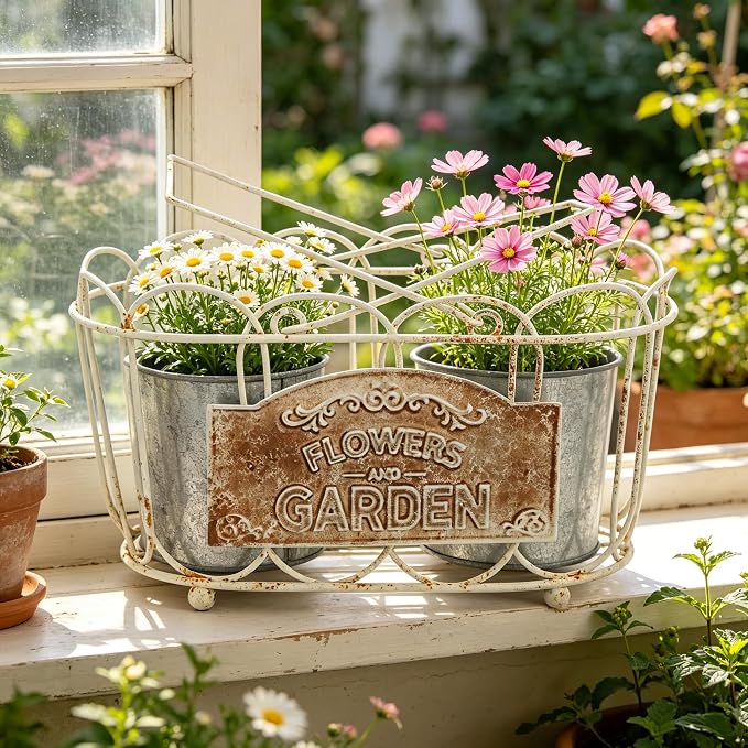 Vintage White Iron Planter Basket with 2 Metal Flower Pots - Rustic Farmhouse Plant Holder for Indoor Outdoor Balcony, Window Sill, Tabletop Decor (White#4)