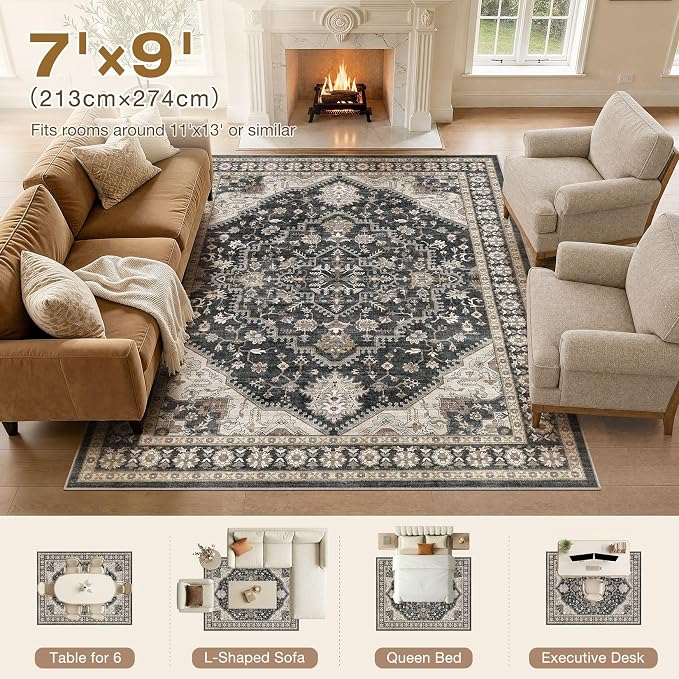 DTICON Vintage Washable 7x9 Area Rug Living Room Rugs, Black | Boho Distressed, Pet & Kid Friendly, Non-Slip Backing, Soft Polyester, Low-pile Carpet for Living Room, Bedroom, Dining Room