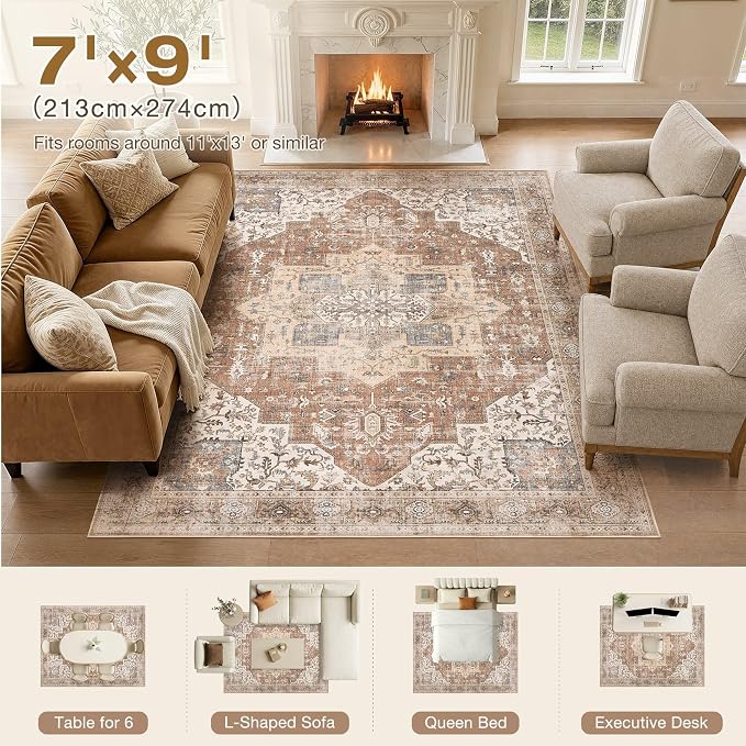 DTICON Vintage Washable 7x9 Area Rug Living Room Rugs, Brick Red | Boho Distressed, Pet & Kid Friendly, Non-Slip Backing, Soft Polyester, Low-pile Carpet for Living Room, Bedroom, Dining Room