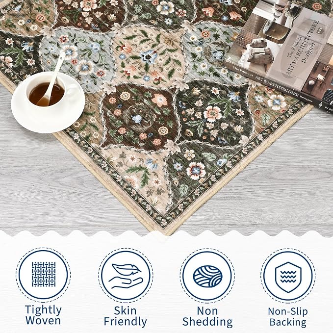 ROYHOME Runner Rug Trellis Floral Washable Hallway Runner Rug 2' x 6' | Stain Resistant Non-Slip Distressed Floral Runner Entrance Carpet for Bedroom Laundry Kitchen Entryway, Taupe/Brown