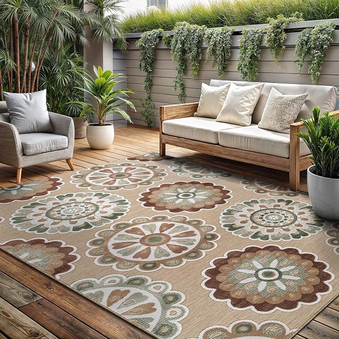 Outdoor Rug 10x14 Washable Area Rugs Indoor Outdoor Carpets Beige Bohemian Medallion Non Shedding Waterproof Easy Clean Patio Deck Porch Living Room Bedroom Garden RV (10 X 14 Beige)