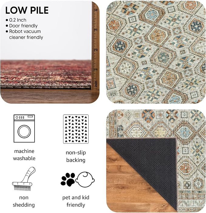 Keen Home Design Vintage Washable Area Rug, Non-Slip Low Pile, 5x7 | Machine Washable Cotton Chenille, 0.25In Low Pile, Rubber Non-Slip Back; Living Room, Bedroom, Dining Room, Office