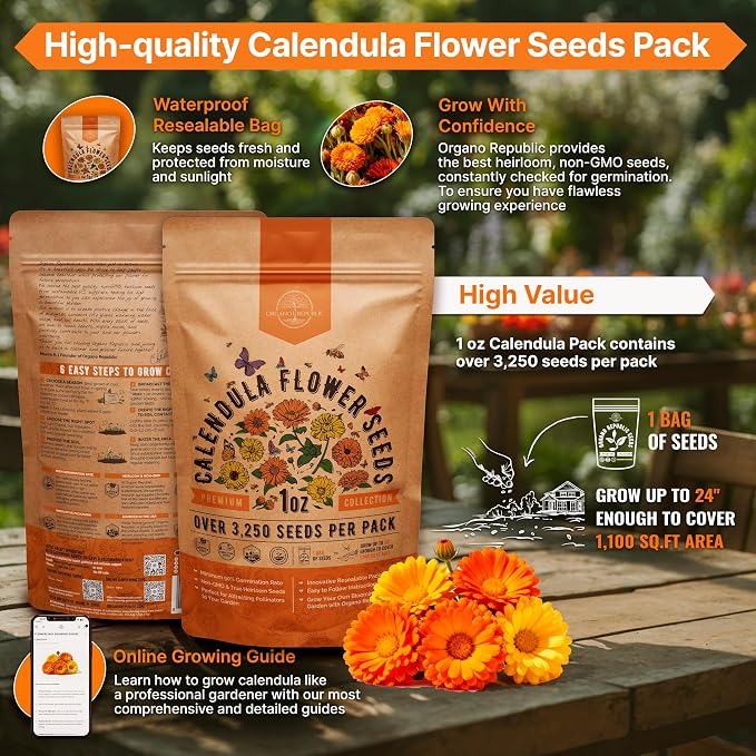 Calendula Seeds Pack 1 oz - Over 3,250 Non-GMO Heirloom Calendula Seeds for Planting Indoor & Outdoor Gardening, Flower Seed for Planting Home and Garden, Flowers Seed in Individual Packet