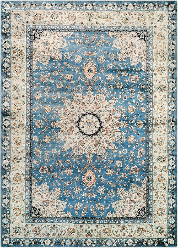 Lahome Felice Oriental Floral Medallion Area Rug - 4x6 Blue Bedroom Rug Living Room Mat, Distressed Soft Non Slip Washable Indoor Nursery Throw Carpet for Apartment Dining Kitchen Table Entrance