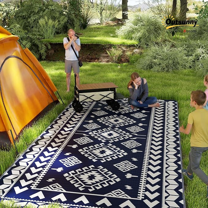 Outsunny Outdoor Rug for Patio, 9' x 18' Waterproof Large Mat, Reversible Plastic Straw Rug for Decor, Portable Outside RV Camping Area Carpet Mat for Backyard Porch Deck Picnic, Blue & White Rhombus