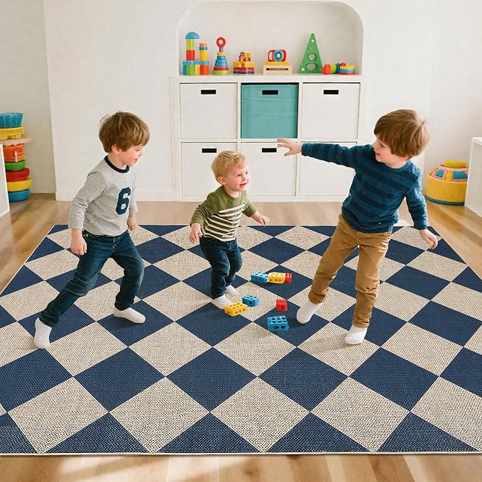 GarveeHome 9x12 Checkered Easy Jute Rugs for Bedroom Machine Washable Large Rugs Non-Slip Backing Modern Neutral Stain Resistance Carpets for Farmhouse Patio Dining Room Backyard Navy Blue