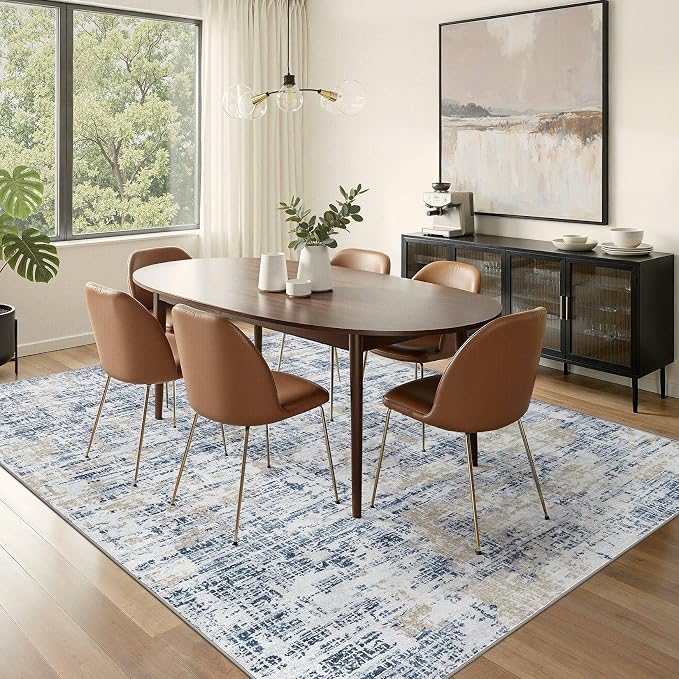 Nakagishi 8X10 Abstract Washable Area Rugs for Living Room-Blue Golden | Modern Non-Slip Silicone Backing Low Pile Soft Carpet for Bedroom Dining Decor Ideal for Families with Kids and Pets