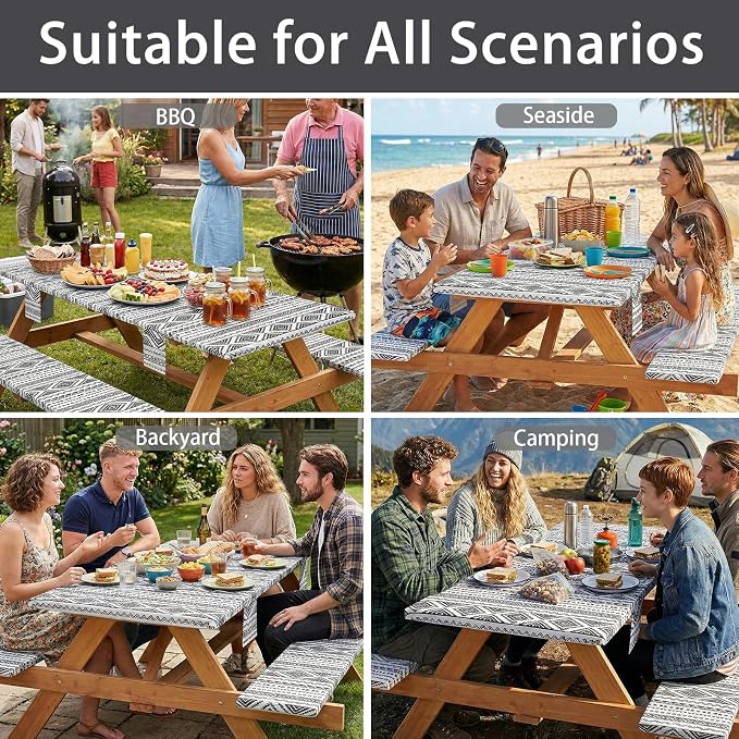 Jobunai Picnic Table Cover with Bench Covers Fitted Waterproof Large Camping Tablecloth with Elastic for 8 Foot Tables Outdoor Travel RV Essentials Summer Vacation Accessories Fun Gifts for Couples