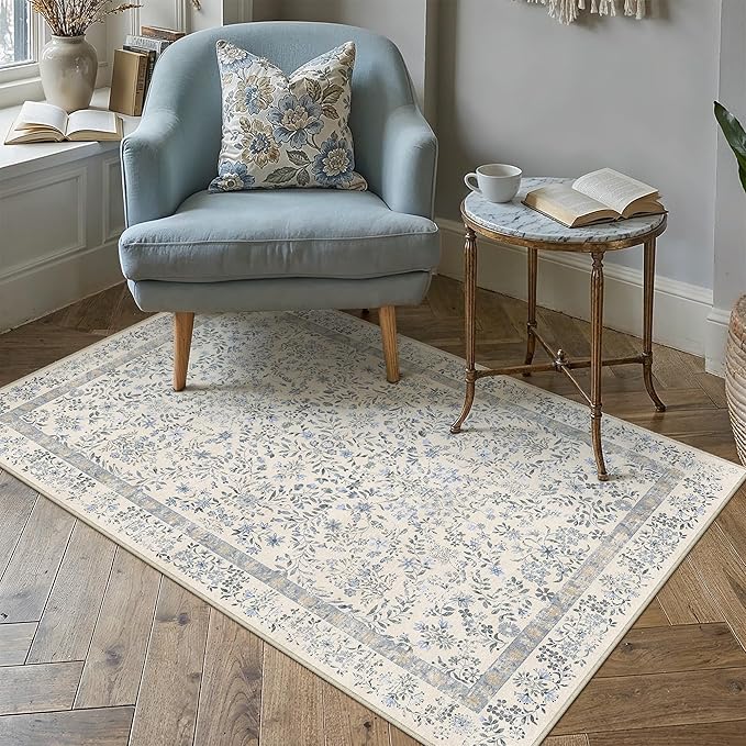 4x6 Blue Floral Small Area Rug Vintage Farmhouse Style | Washable, Non Slip, Soft Low Pile, Indoor Carpet for Bedroom, Nursery, Apartment Living Room, Botanical Decor
