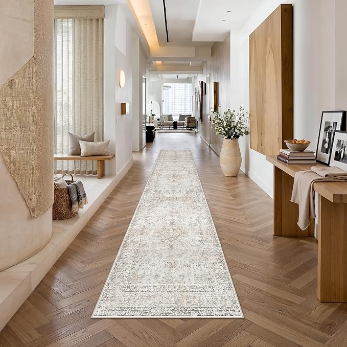 2'6x12 Washable Runner Rug Beige Grey Non Slip Vintage Carpet | Low Pile, Stain Resistant, Kitchen, Bathroom, Bedroom, Entryway, Hallway, Soft, Thin, Lightweight