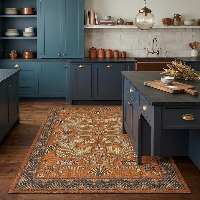 GarveeHome 3x5 Tiger Washable Rug Entryway Boho Bedroom Non Slip Vintage | Terracotta Rug Low Pile Tribal Animal Carpet Stain Resistant Throw Rug for Kitchen Dorm Kidss Room Office Dining Room