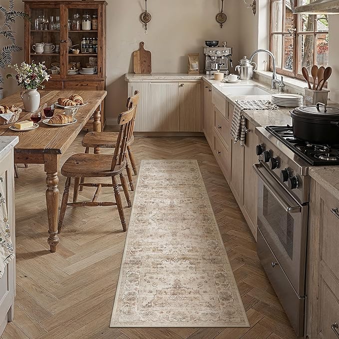 Beige Runner Rug 2x6 Kitchen Vintage Floral Non-Slip Carpet | Machine Washable, Soft, Low Pile, Distressed, for Hallway, Entryway, Laundry Room, Bathroom, Retro Neutral Decor