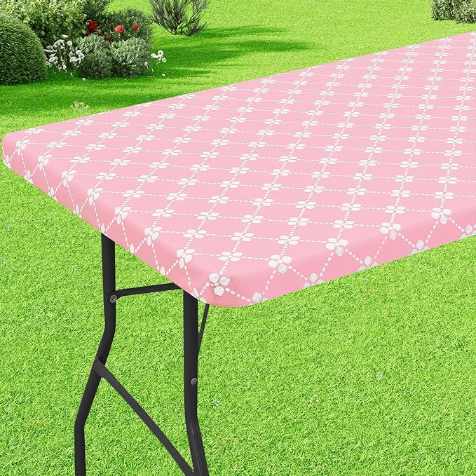 misaya Rectangle Vinyl Table Cloth, Elastic Fitted Tablecloth with Flannel Backing, Waterproof Plastic Table Cover Fits 4 Foot Folding Tables for Picnic, Camping, Indoor and Outdoor (Pink, 30" x 48")