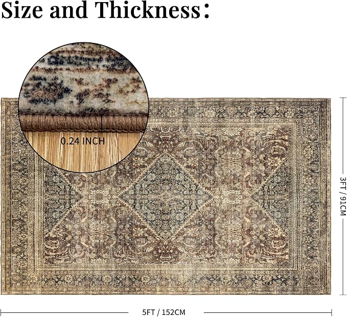 Brown 3x5 Rug Non-Slip: Washable Area Rug for Bedroom Entryway Kitchen Bathroom Indoor - Vintage Home Decor Mat Carpet - Oriental Dark Brown