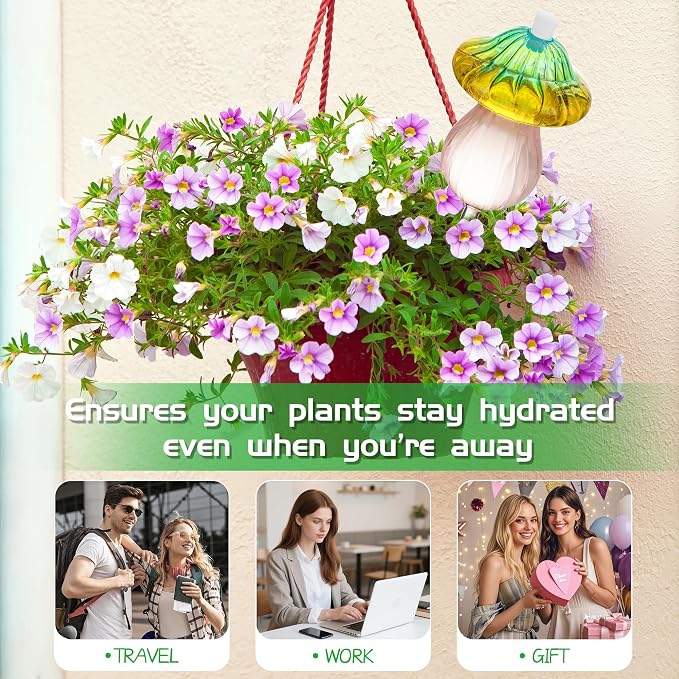 11 oz Large Plant Watering Globes, Glass Self Watering Globes, Gradient Color Mushroom Self Watering Planter Insert, Vacation Plant Watering Devices, Automatic Watering Bulbs (Large-4 Pack)
