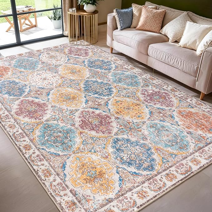 Moroccan Boho Floral Geometric Patchwork Washable 5x8 Large Area Rug | Vintage Distressed Non Slip Throw Carpet for Bedroom Livingroom Kitchen Hallway Entryway Office Dining Room Docer, Colorful