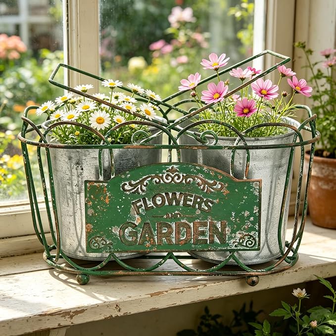 Vintage Green Iron Planter Basket with 2 Metal Flower Pots - Rustic Farmhouse Plant Holder for Indoor Outdoor Balcony, Window Sill, Tabletop Decor (Green#3)