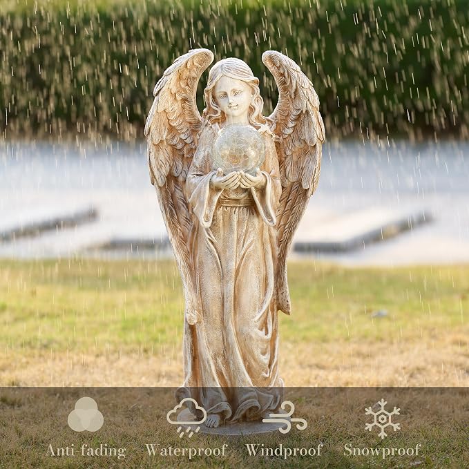 TERESA'S COLLECTIONS Large Angel Garden Statues with Solar Outdoor Light for Outdoor Decor, Fairy Figurine Resin with Wing & Glass Ball for Garden Decor, Yard Decor Lawn Ornament Gifts for Mom, 11"