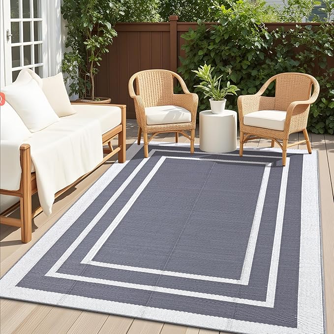 OLANLY Outdoor Rug 4x6 ft Waterproof, Reversible Outdoor Plastic Straw Rug, RV Mat, Indoor Outdoor Carpet Clearance for Patio, Camping, Balcony, Deck, Backyard, Grey & White