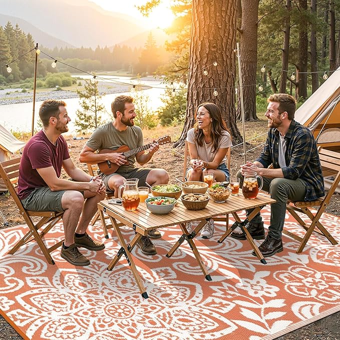 Findosom Waterproof Outdoor Rug 6' x 9' - Reversible Mandala Outdoor Plastic Straw Rug, Durable Foldable Patio Rug for RV, Deck, Balcony, Backyard, Picnic, Porch, Camping, Beach, Orange