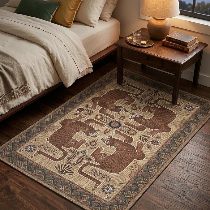 GarveeHome 3x5 Tiger Washable Rug Entryway Boho Bedroom Non Slip Vintage | Camel Rug Low Pile Tribal Carpet Stain Resistant Throw Rug for Kitchen Dorm Kidss Room Office Dining Room