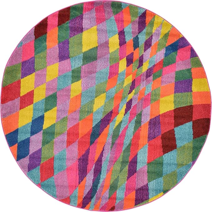 Unique Loom Estrella Collection Geometric, Abstract, Colorful, Modern, Eclectic Area Rug (6' 0 x 6' 0 Round, Multi/Pink)