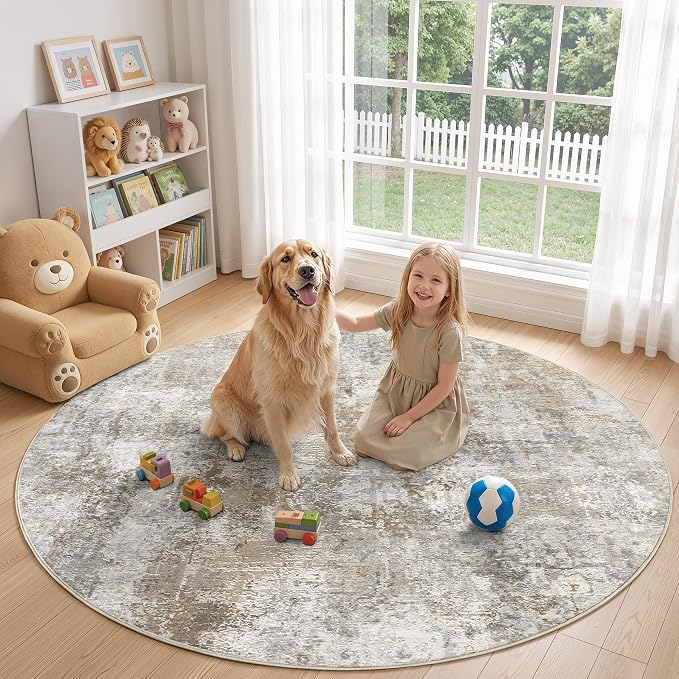 6Ft Round Area Rug Washable Abstract Rugs for Living Room Light Brown/Grey | for Bedroom, Dining Room, Office, Nursery, Soft Neutral, Low Pile Non-Slip, Kid Pet Friendly, Large Indoor Carpet, Home Decor