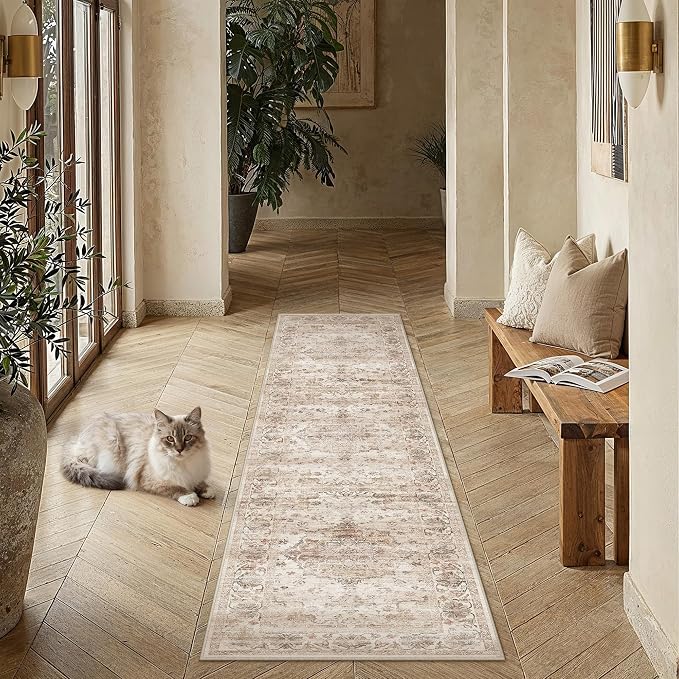 Beige Runner Rug 2x8 Kitchen Vintage Floral Non-Slip Carpet | Machine Washable, Soft, Low Pile, Distressed, for Hallway, Entryway, Laundry Room, Bathroom, Retro Neutral Decor