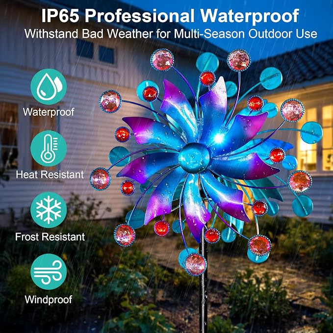 360°Solar Wind Spinner with Lights Blue Metal Garden Outdoor Decor Yard Lawn Art Decor for Patio Kinetic Windmills Unique Gifts for Friends and Family 60.63'' H x 13.38'' Dia