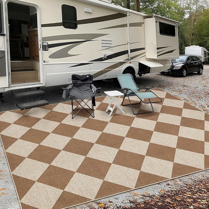 GarveeHome Checkered Easy Jute Area Rug 10x13 Machine Washable Non-Slip Stain Resistant Indoor Outdoor Rugs for Living Room, Bedroom, Kitchen, Dining, Patio Farmhouse Style Brown