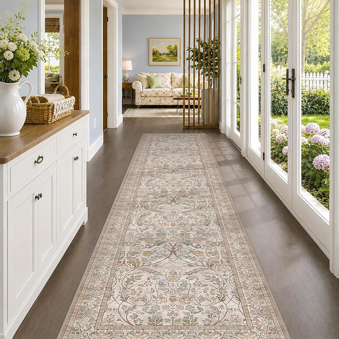 Vintage Floral Moss Green 2'6"x12' Hallway Runner Rug Non Slip - Washable 12 ft Extra Long Farmhouse Carpet, Neutral Taupe Brown Indoor Rug for Entryway, Kitchen