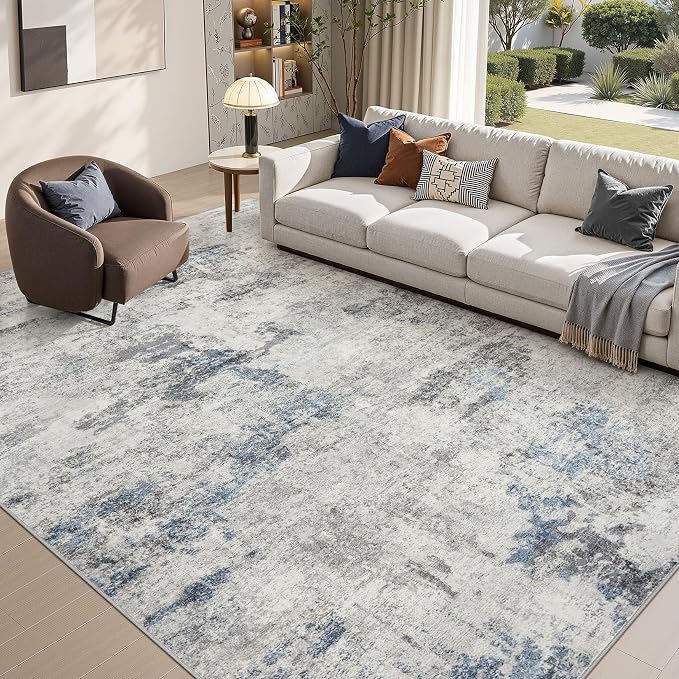 DMOYEST 7x9 Area Rug for Living Room Washable Abstract Indoor Carpet | Neutral Modern Low Pile Rugs Kid & Pet Friendly Large Soft Thin Carpet for Bedroom Dining Room and Office - Grey Blue